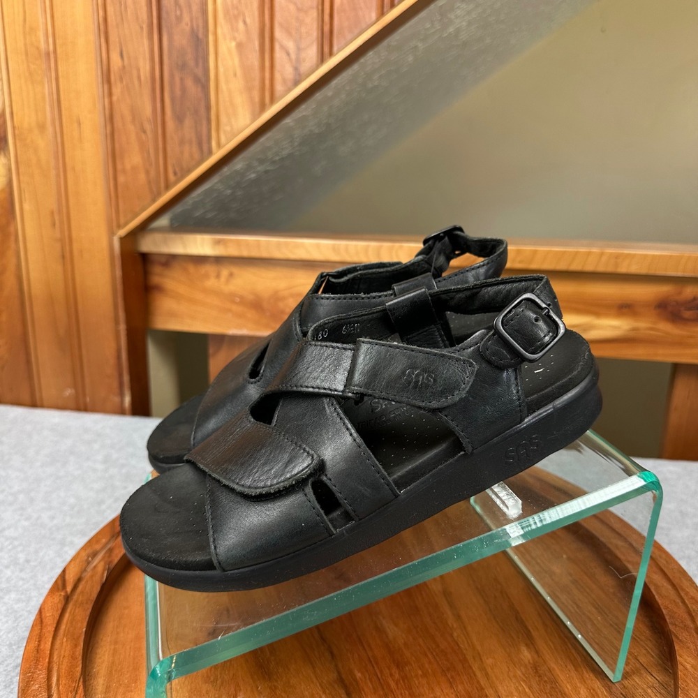 SAS Womens Nudu Black Leather Comfort Walking Sandals Size 6.5N Made in USA
